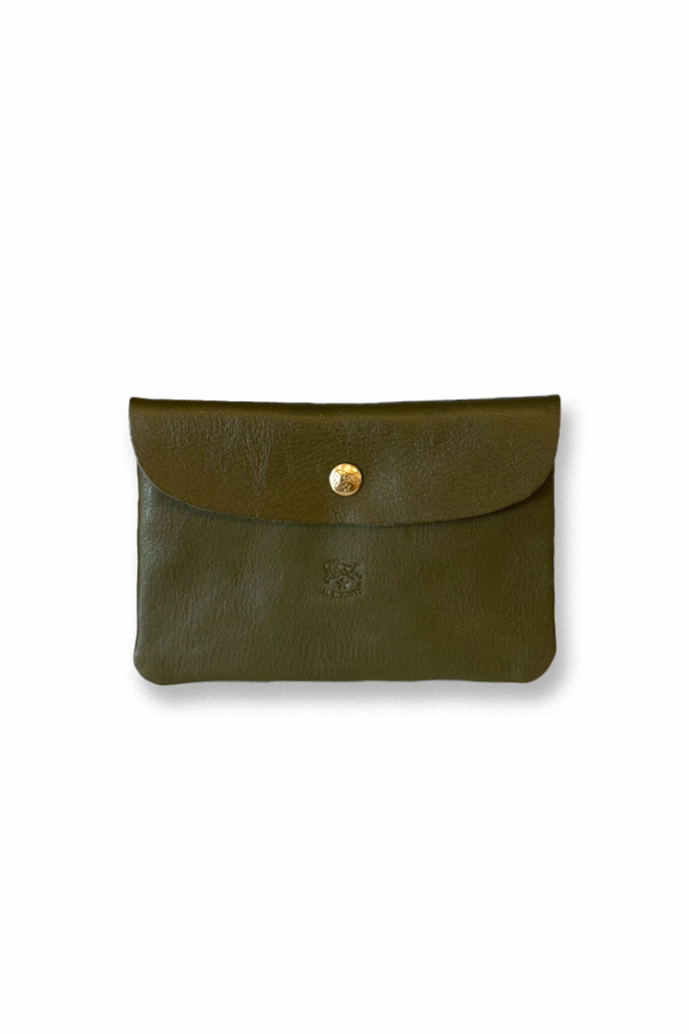 Olive leather snap wallet with a gold button on a white background