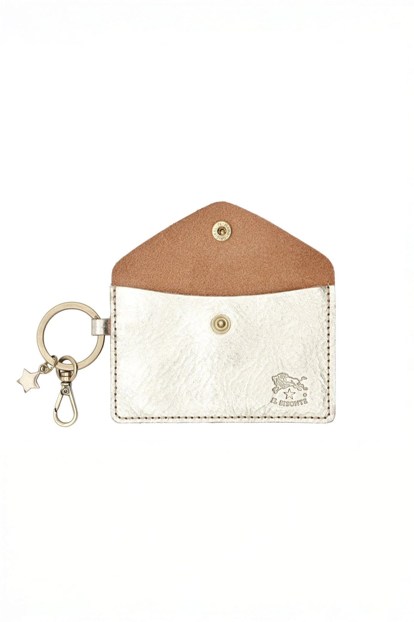 A small silver leather wallet with suede interior and a gold keychain 