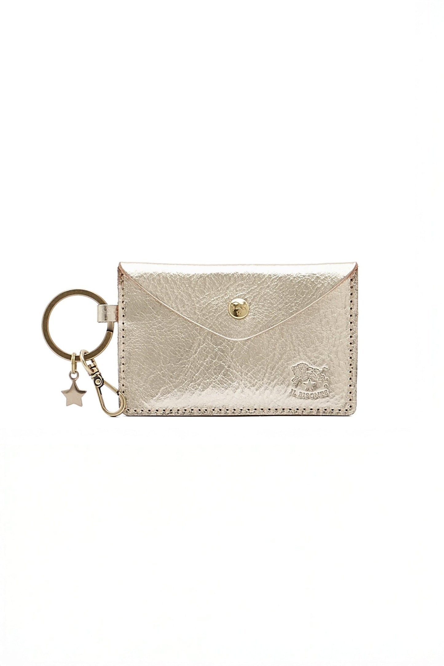 A small silver leather wallet with a gold keychain
