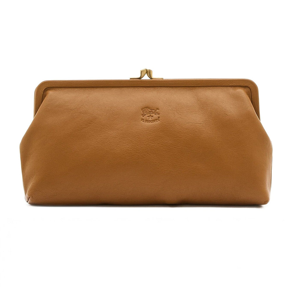 
                  
                    A light brown cowhide leather clutch bag with a retro clasp closure.
                  
                