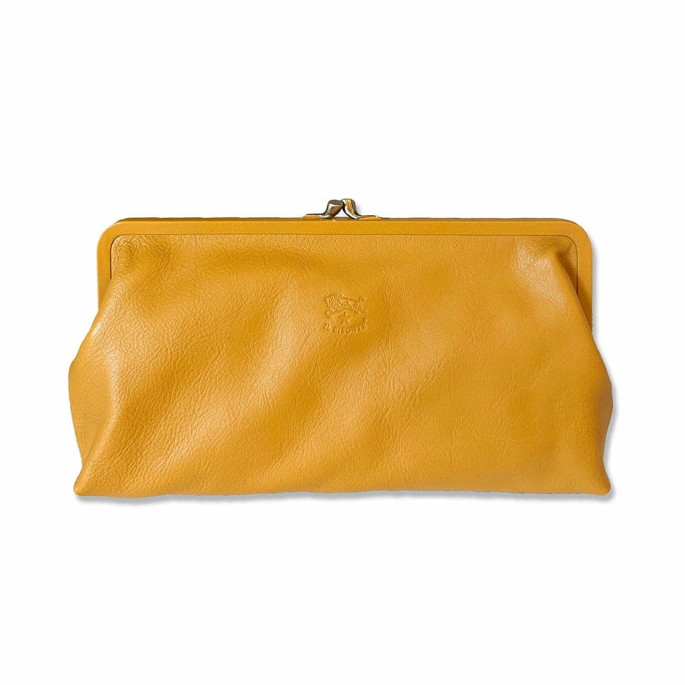 Yellow leather clutch bag on a white background