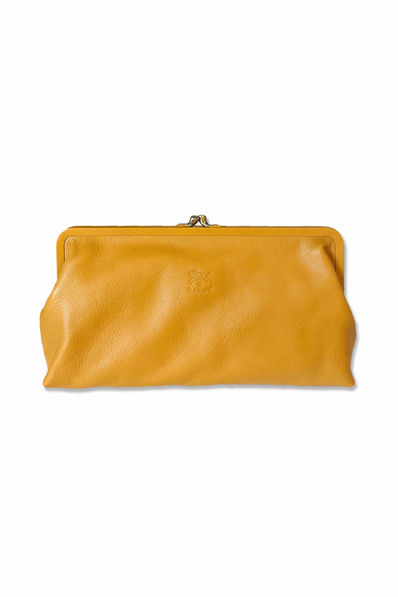 Yellow leather clutch bag on a white background