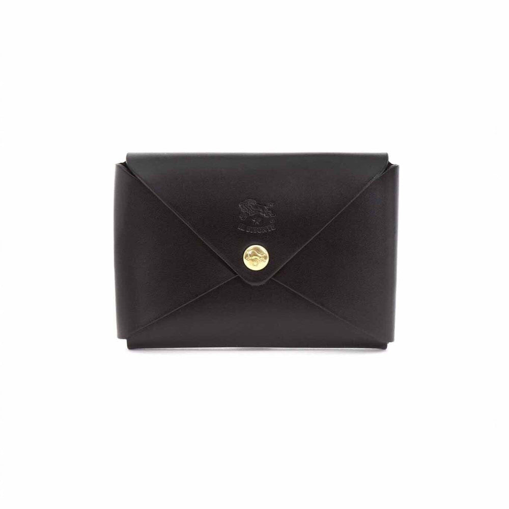 A black leather business card holder with a brass snap button closure.