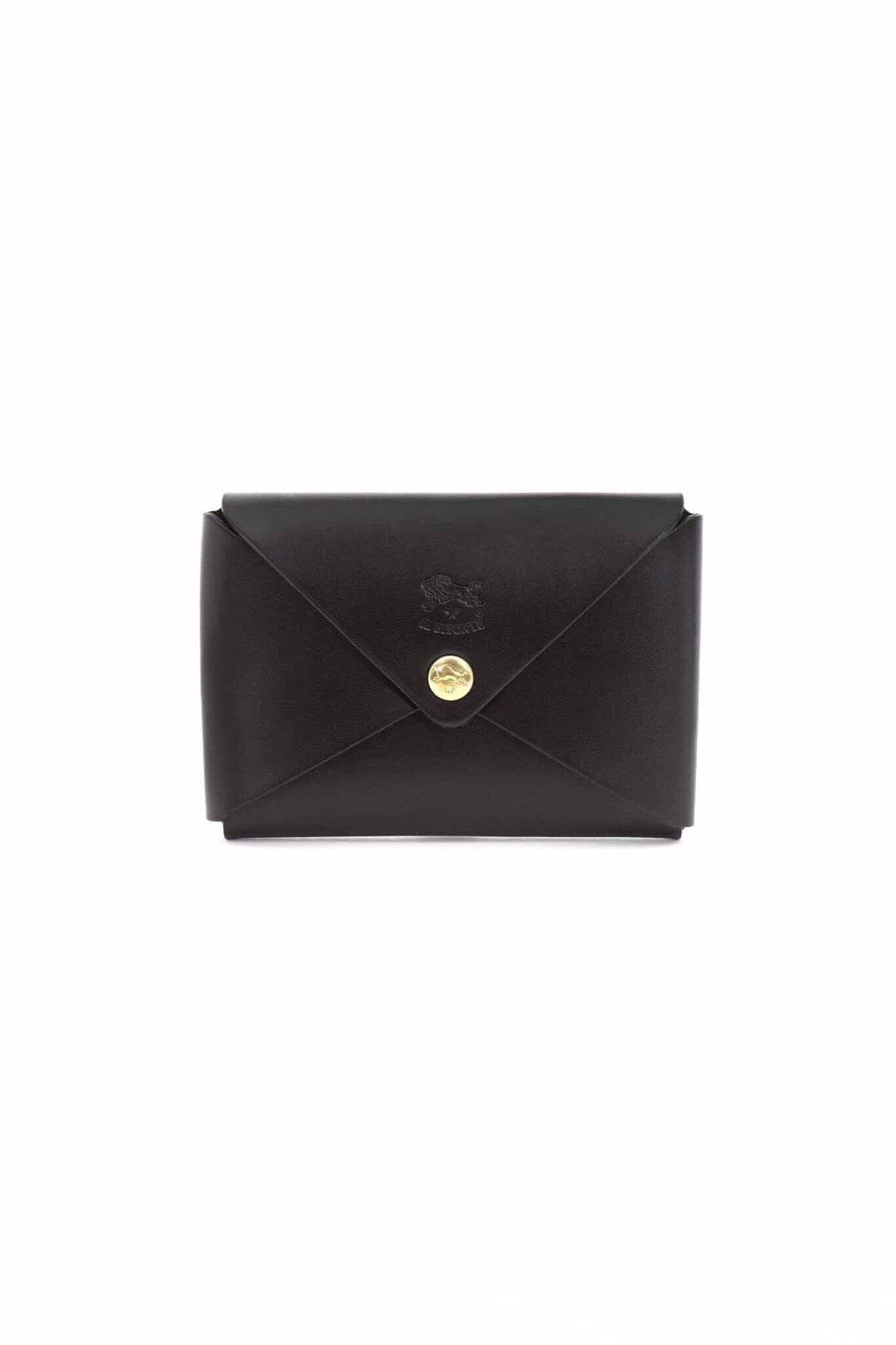 A black leather business card holder with a brass snap button closure.