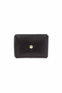 A black leather business card holder with a brass snap button closure.