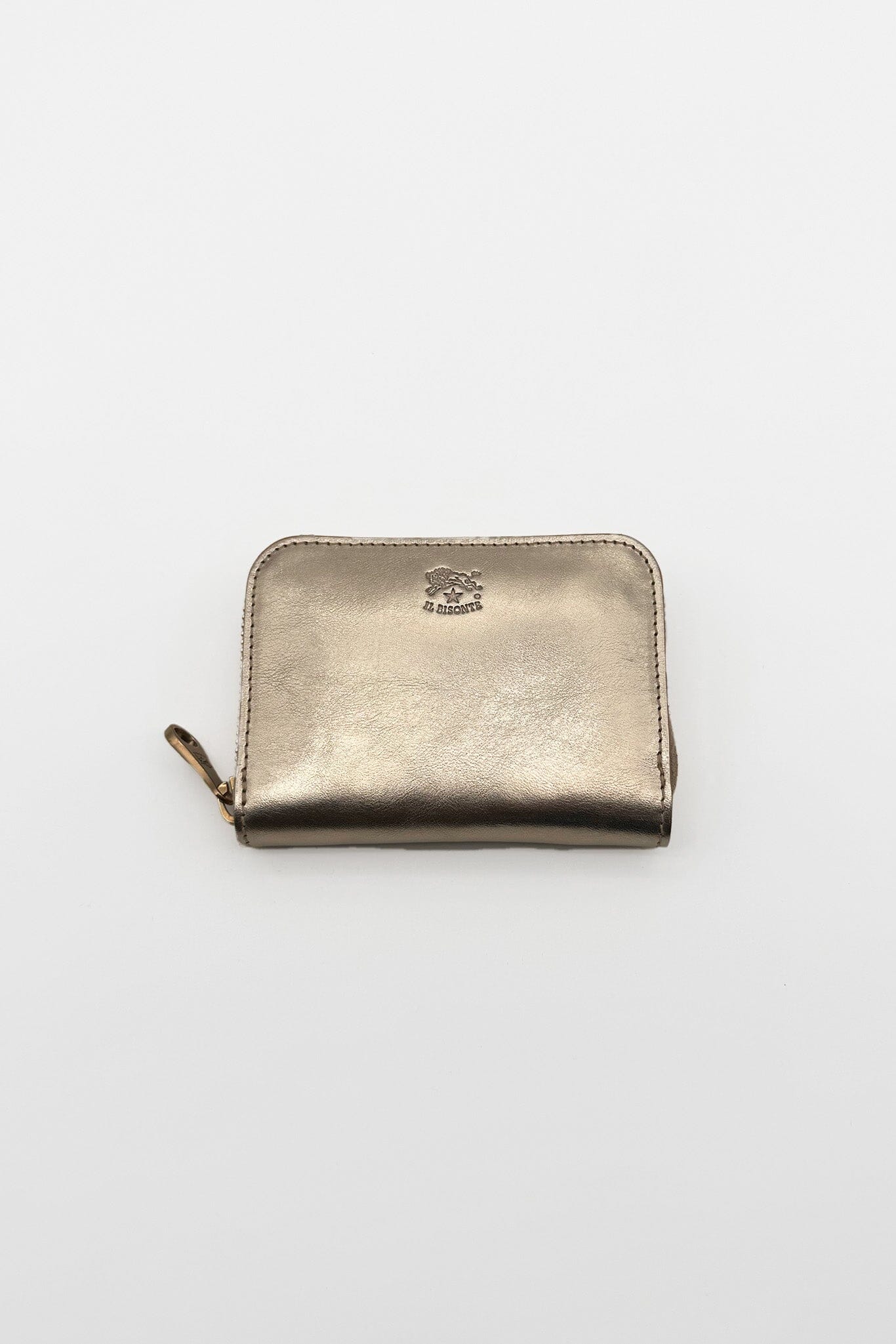 Gold metallic wallet with a brand logo on a white background