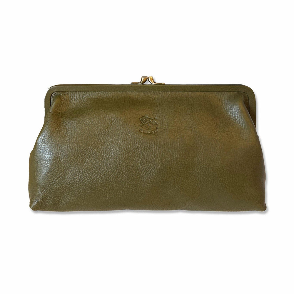Olive green leather clutch bag on a white background