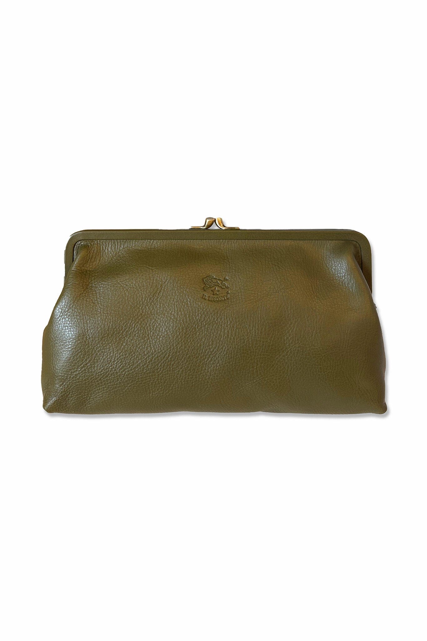 Olive green leather clutch bag on a white background