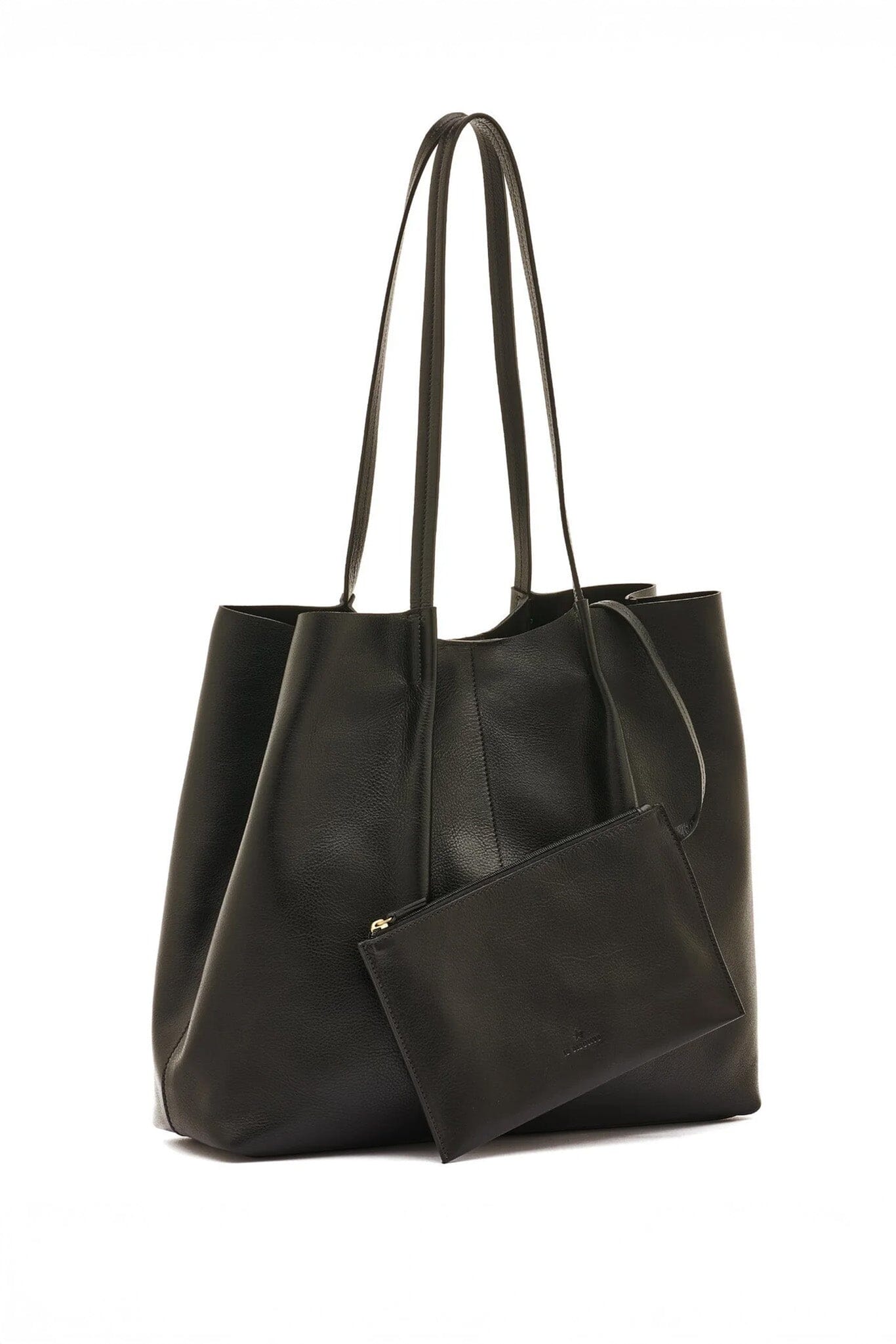 Black leather tote bag with a matching interior pouch on a white background