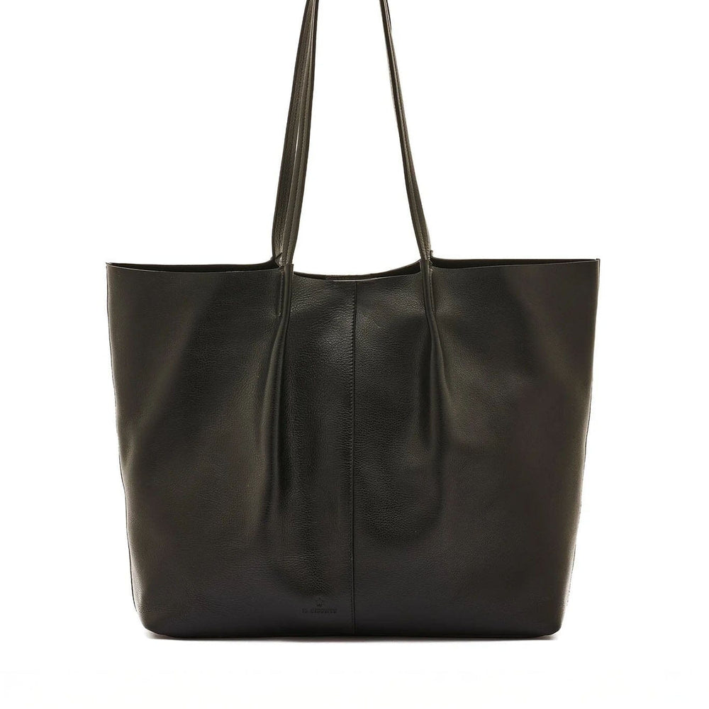 Black leather tote bag on a white background