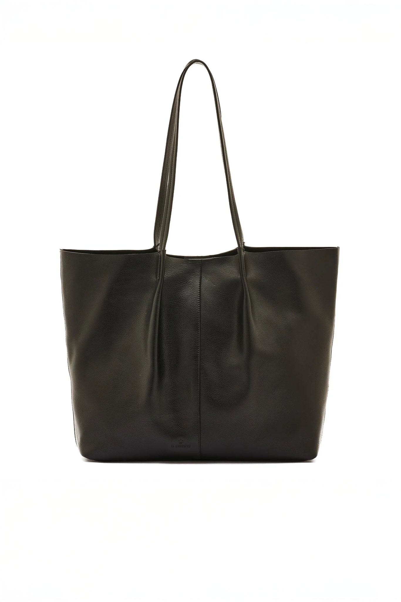 Black leather tote bag on a white background