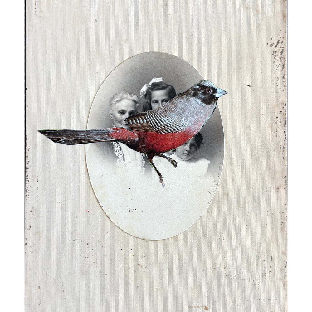 Decorative panel with a bird illustration and vintage-style portrait on a textured beige background