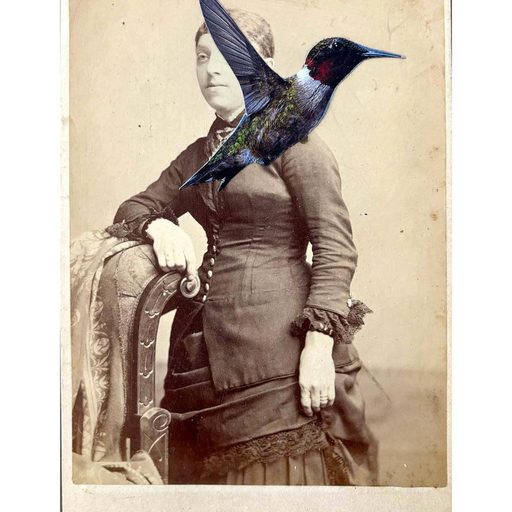 Vintage-style portrait with a hummingbird superimposed over the face of a woman.