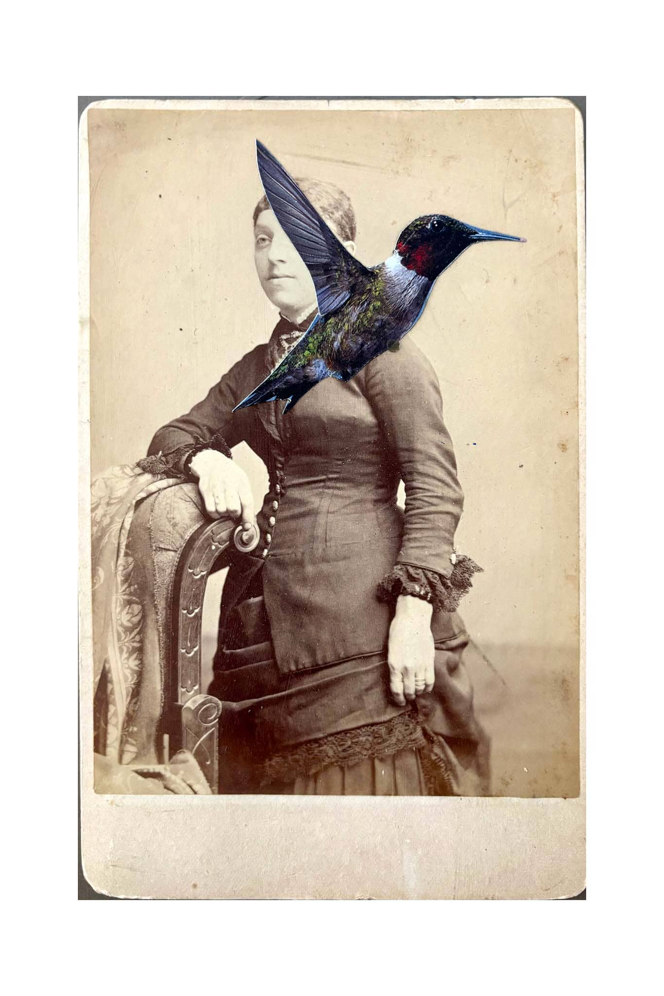 Vintage-style portrait with a hummingbird superimposed over the face of a woman.