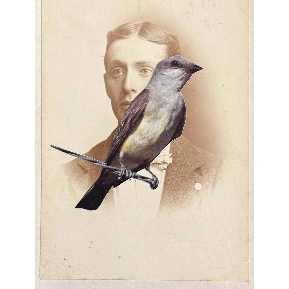 Vintage-style portrait of a man with a bird perched on a stick, on a white background.