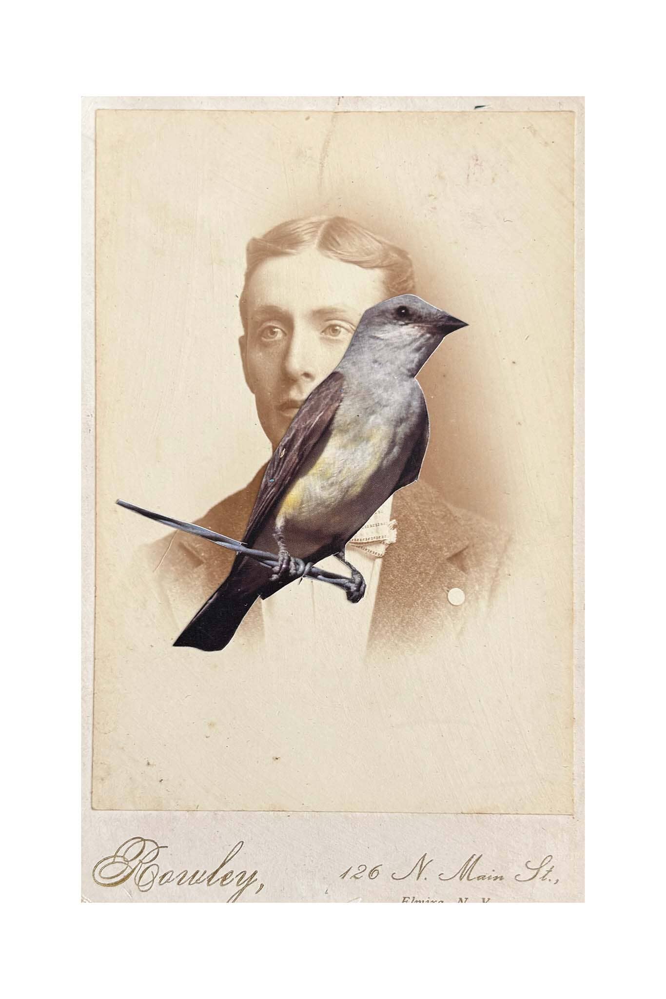 Vintage-style portrait of a man with a bird perched on a stick, on a white background.