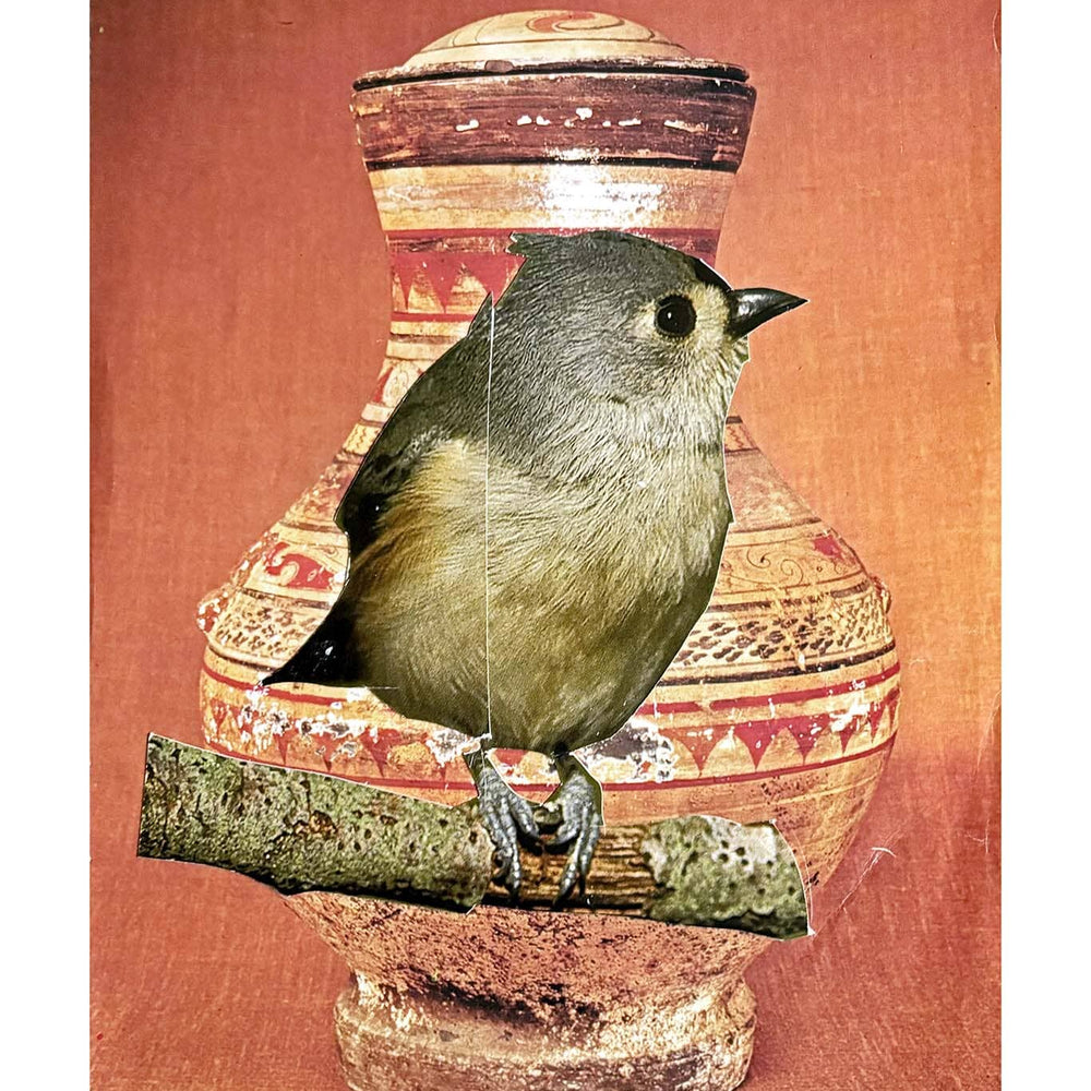 Bird perched on a branch in front of a decorative vase with a red-brown background