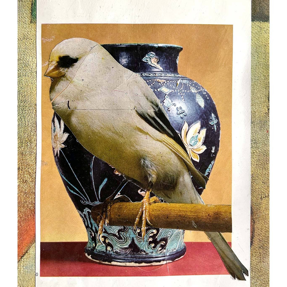 Bird perched on a branch with a decorative vase in the background