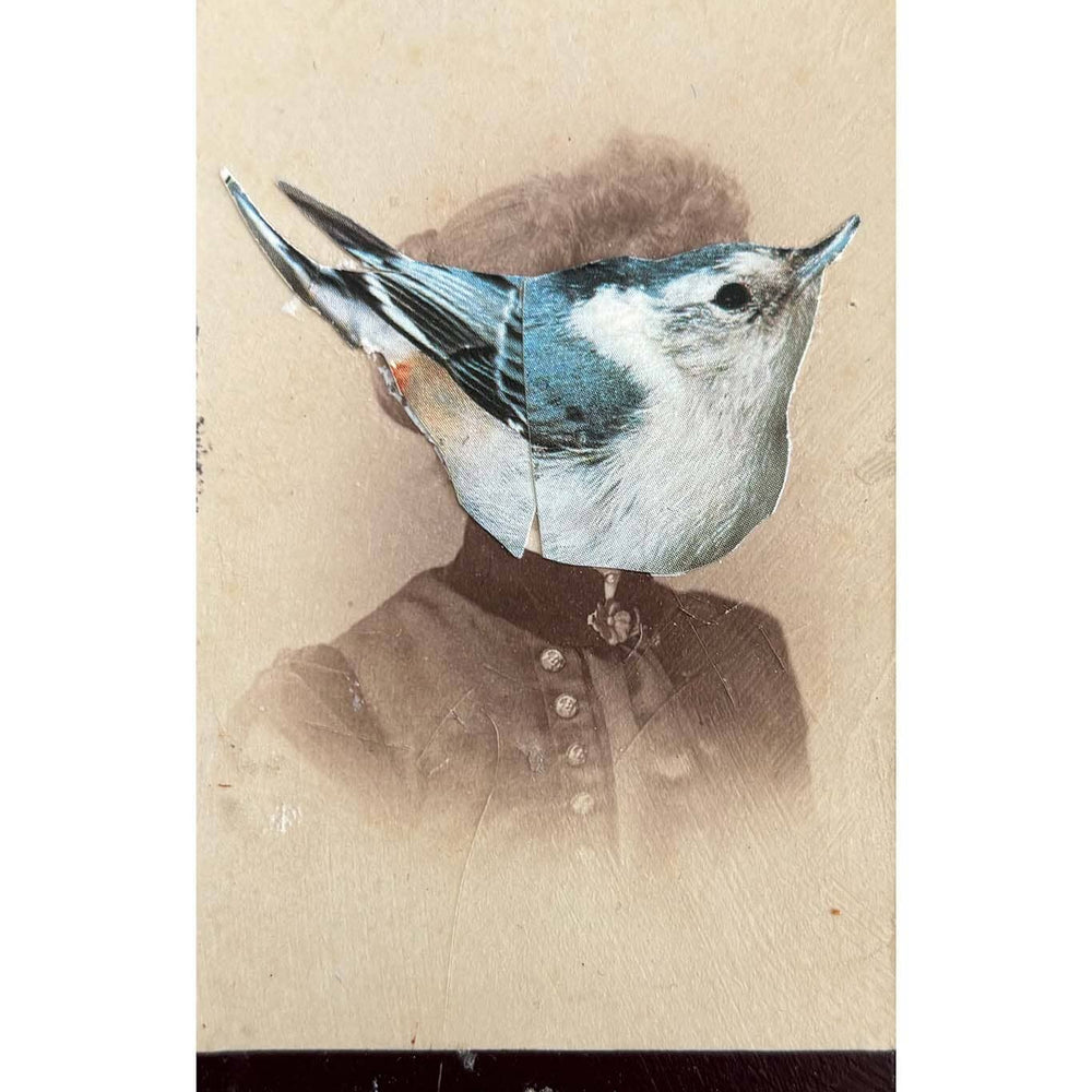 Illustration of a person with a bird's head on a beige background