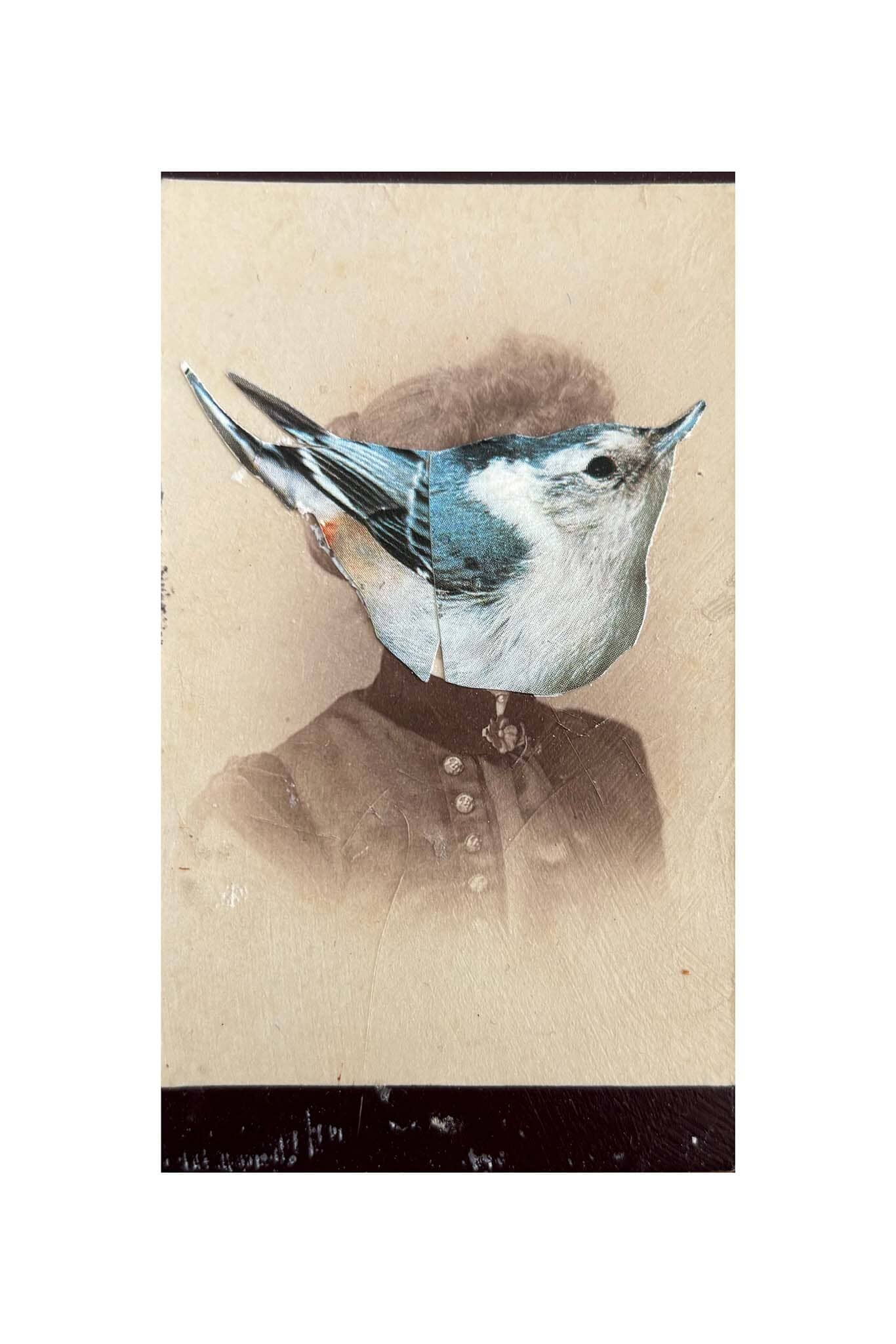 Illustration of a person with a bird's head on a beige background