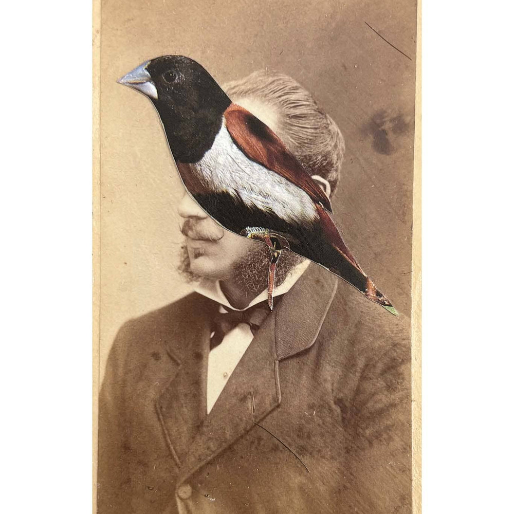 Vintage-style portrait with a bird perched on a man's shoulder