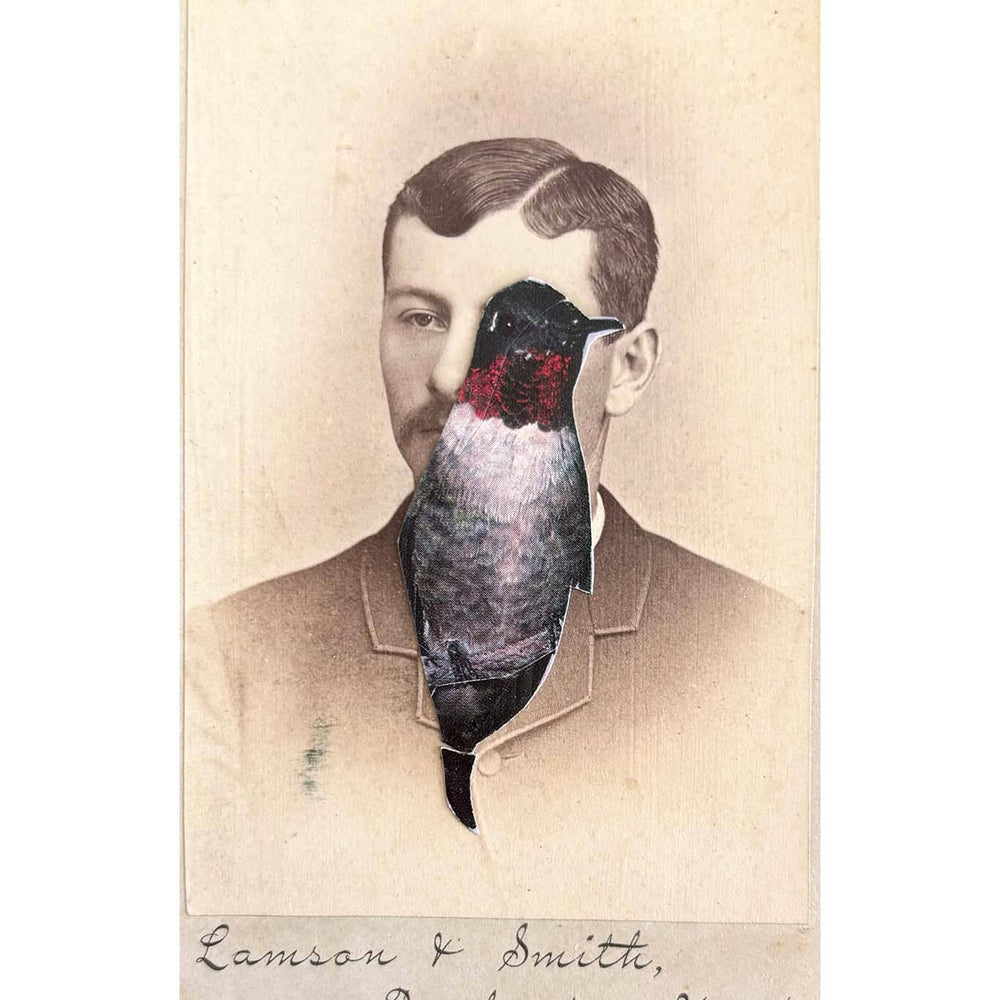Vintage-style portrait with a bird superimposed over a man's face