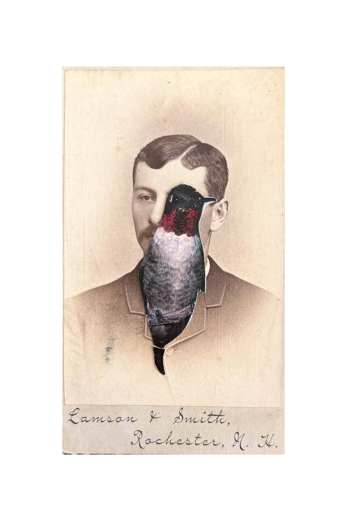 Vintage-style portrait with a bird superimposed over a man's face