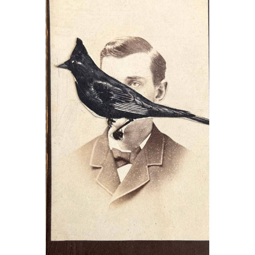 Vintage-style portrait with a bird perched on a man's shoulder
