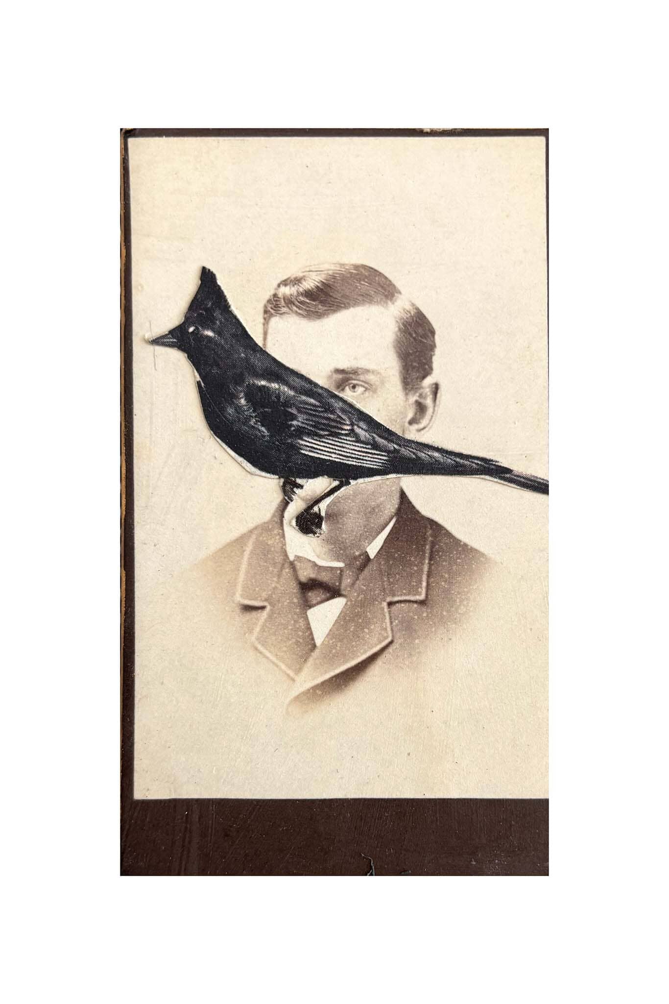 Vintage-style portrait with a bird perched on a man's shoulder