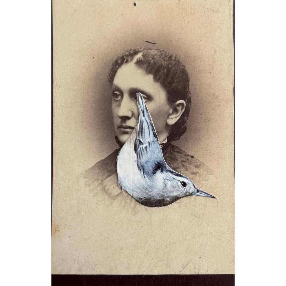 Vintage-style portrait with a bird superimposed on a person's face