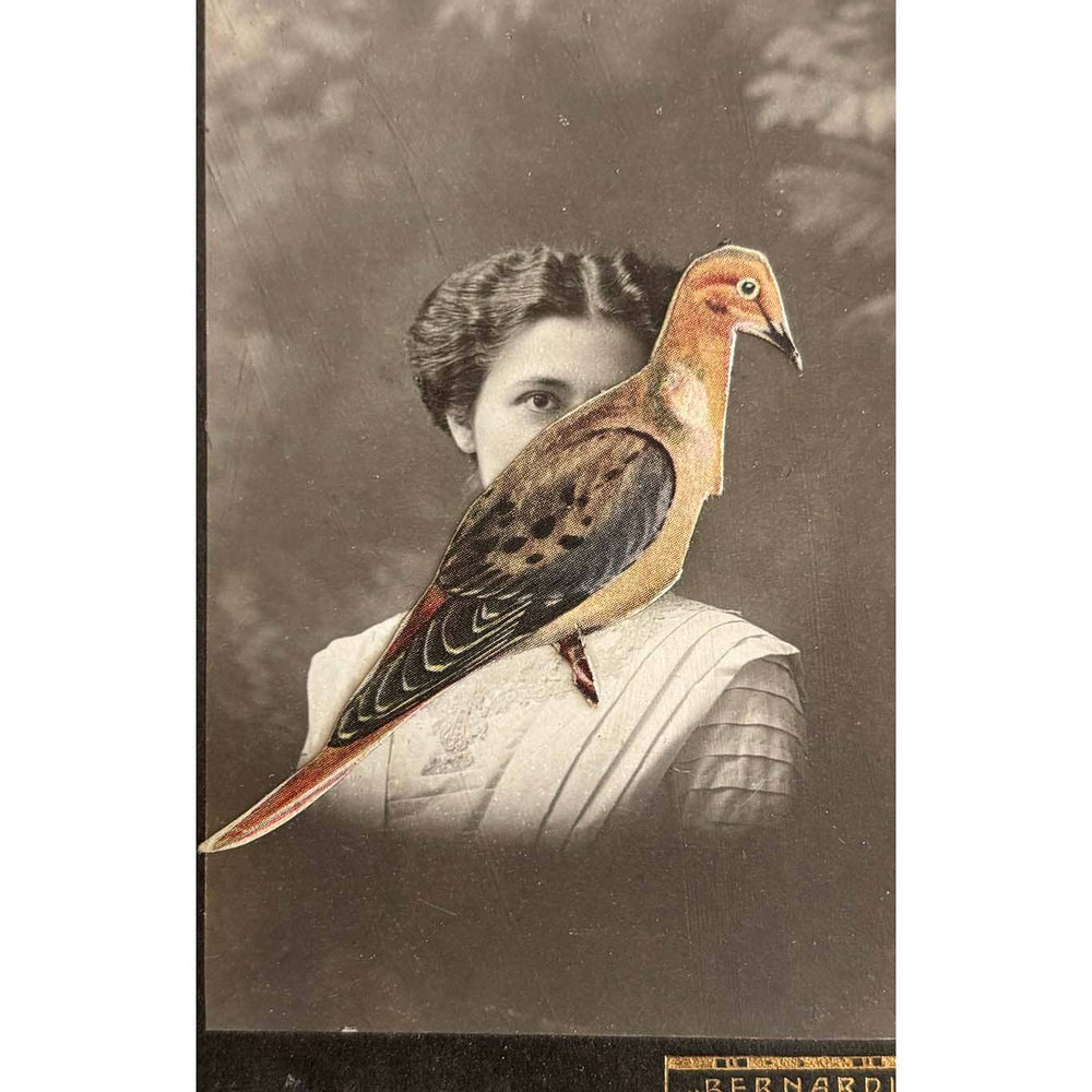 Vintage-style portrait with a bird superimposed over a woman's face, featuring a sepia tone.