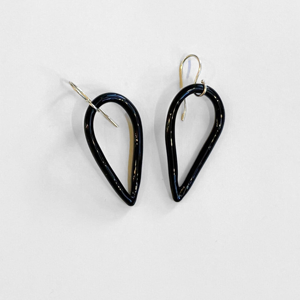 Black tear-shaped earrings with sterling silver ear wire on a white background