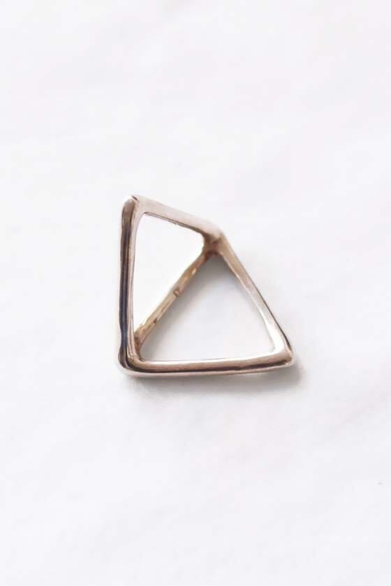 A silver double triangle ring against a white background.