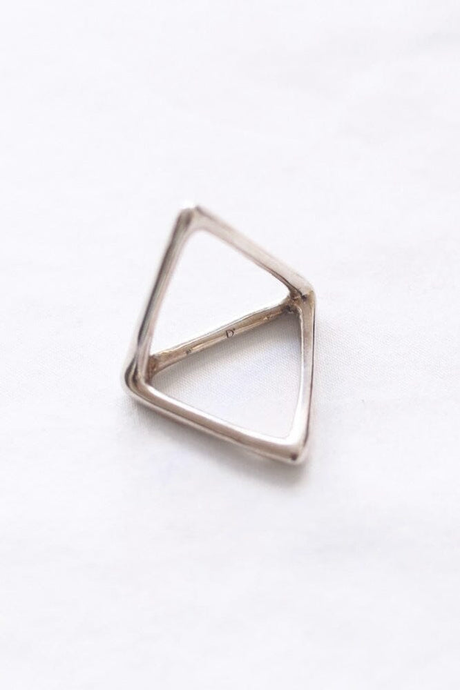A silver double triangle ring against a white background.