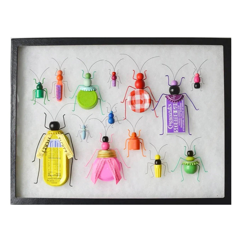 Colorful insect-shaped bug art on a white background