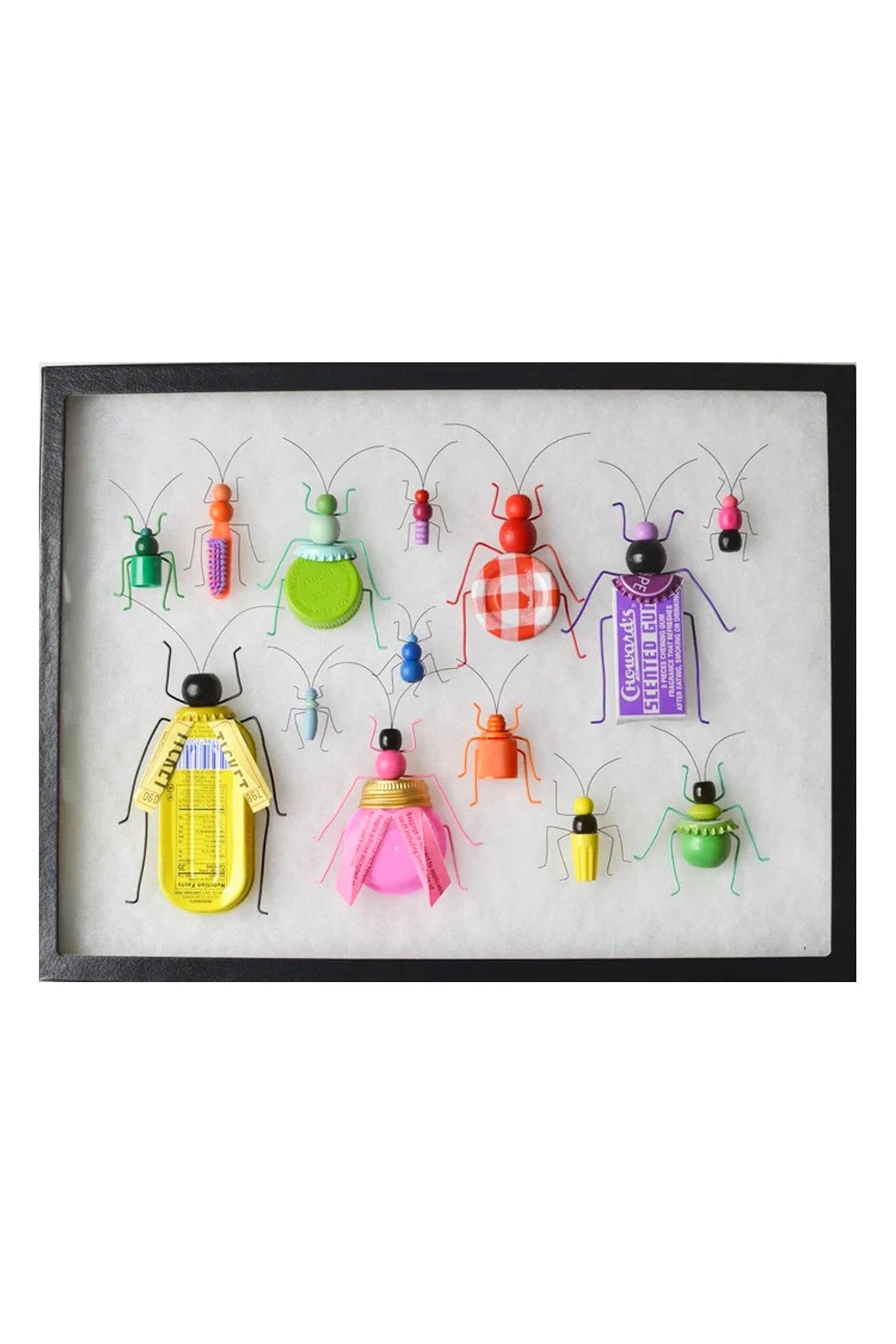 Colorful insect-shaped bug art on a white background