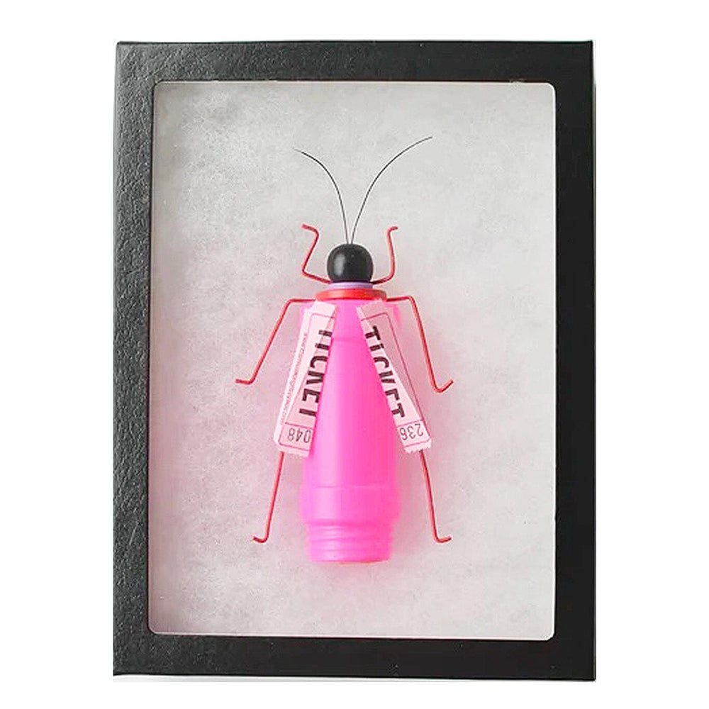 Framed artwork of a pink insect figure with ticket wings on a white background