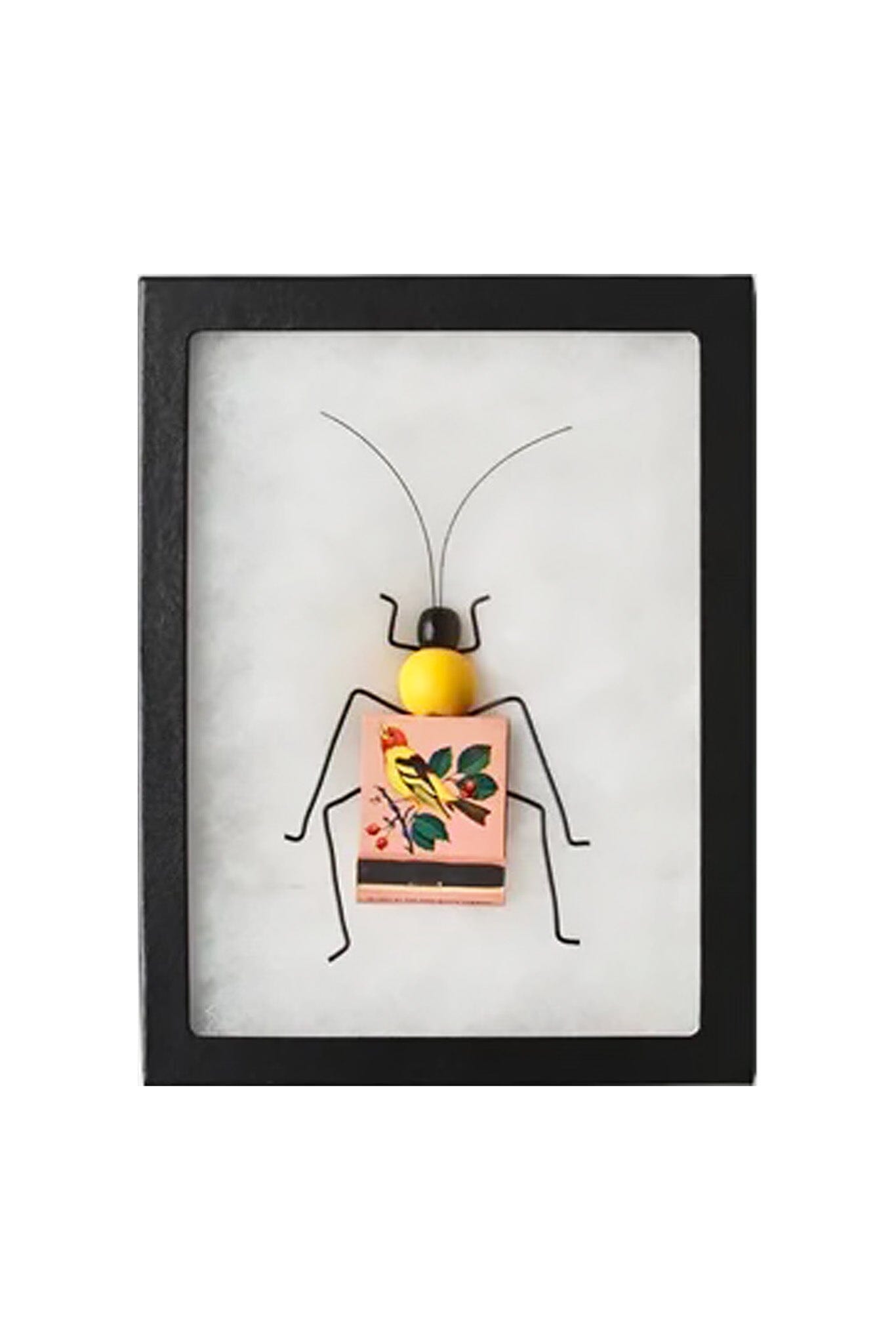Framed artwork of a stylized insect with a colorful body on a white background