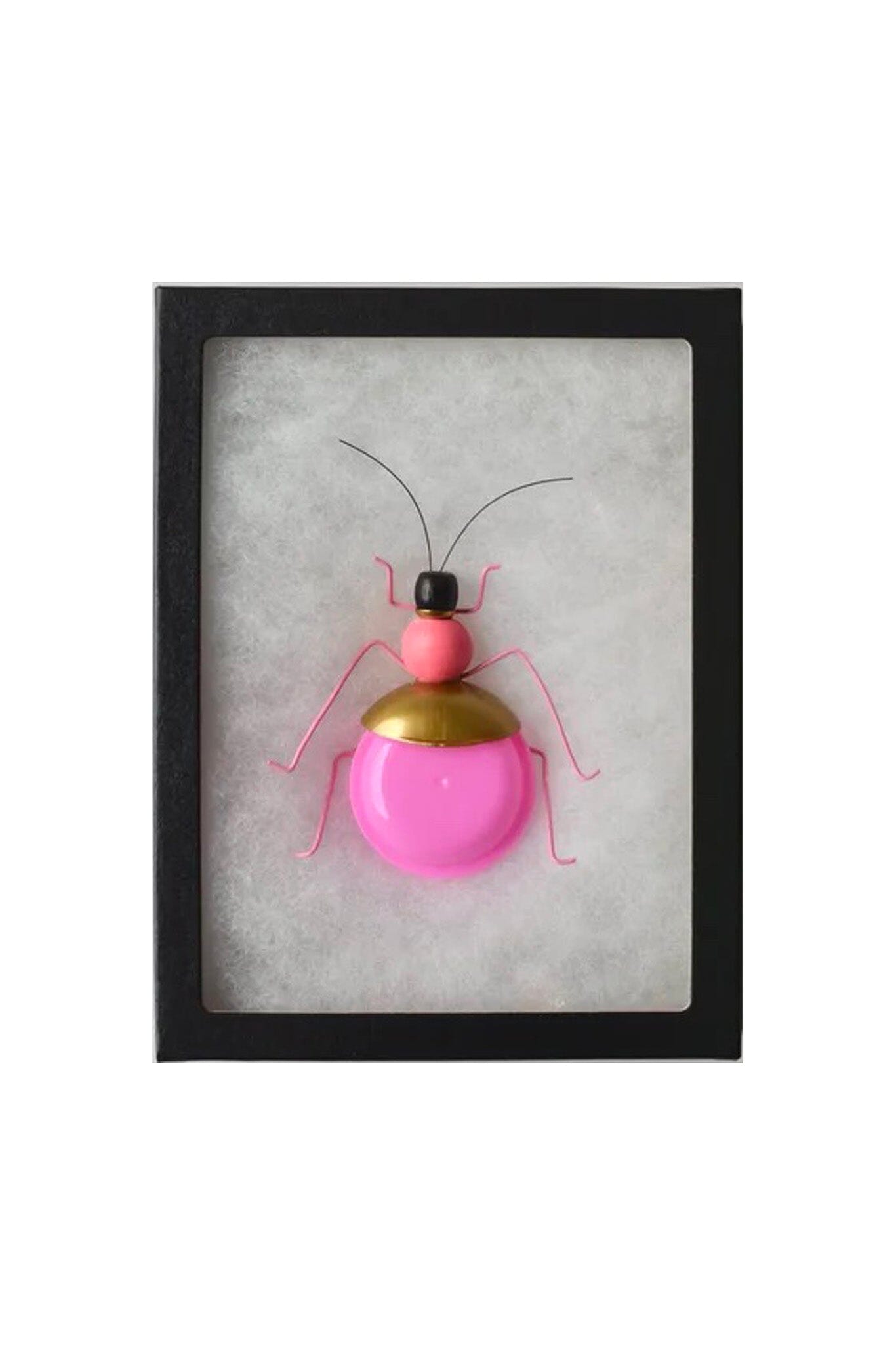 Framed artwork of a pink and gold beetle on a white background