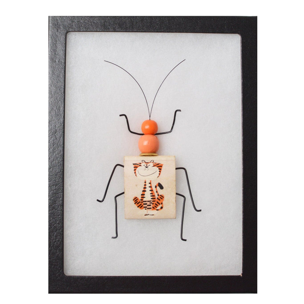 Framed artwork of a stick insect with a square body featuring a cat illustration on a white background.