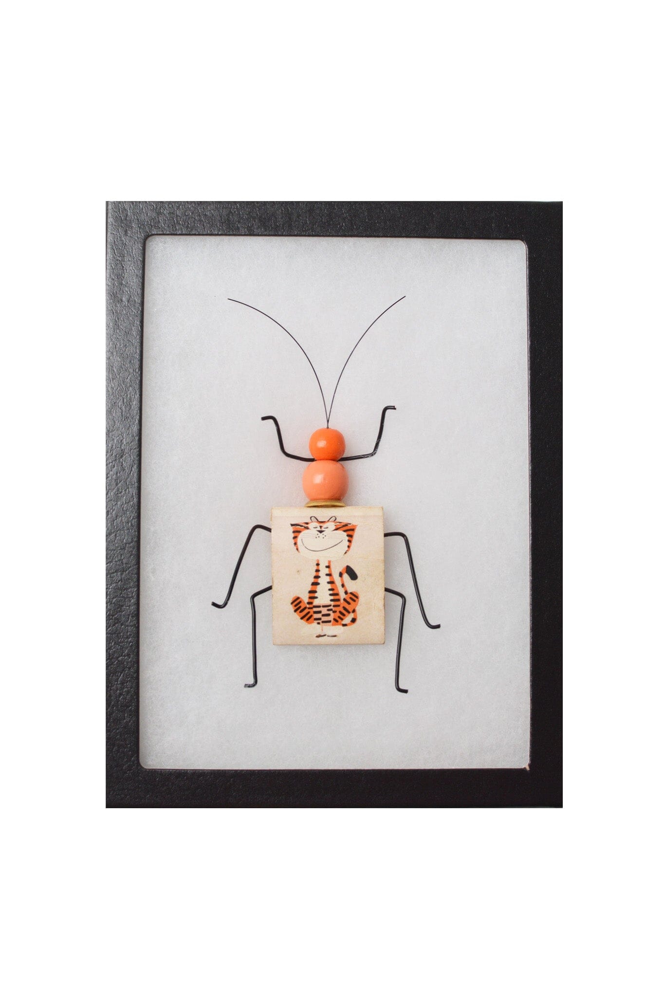 Framed artwork of a stick insect with a square body featuring a cat illustration on a white background.