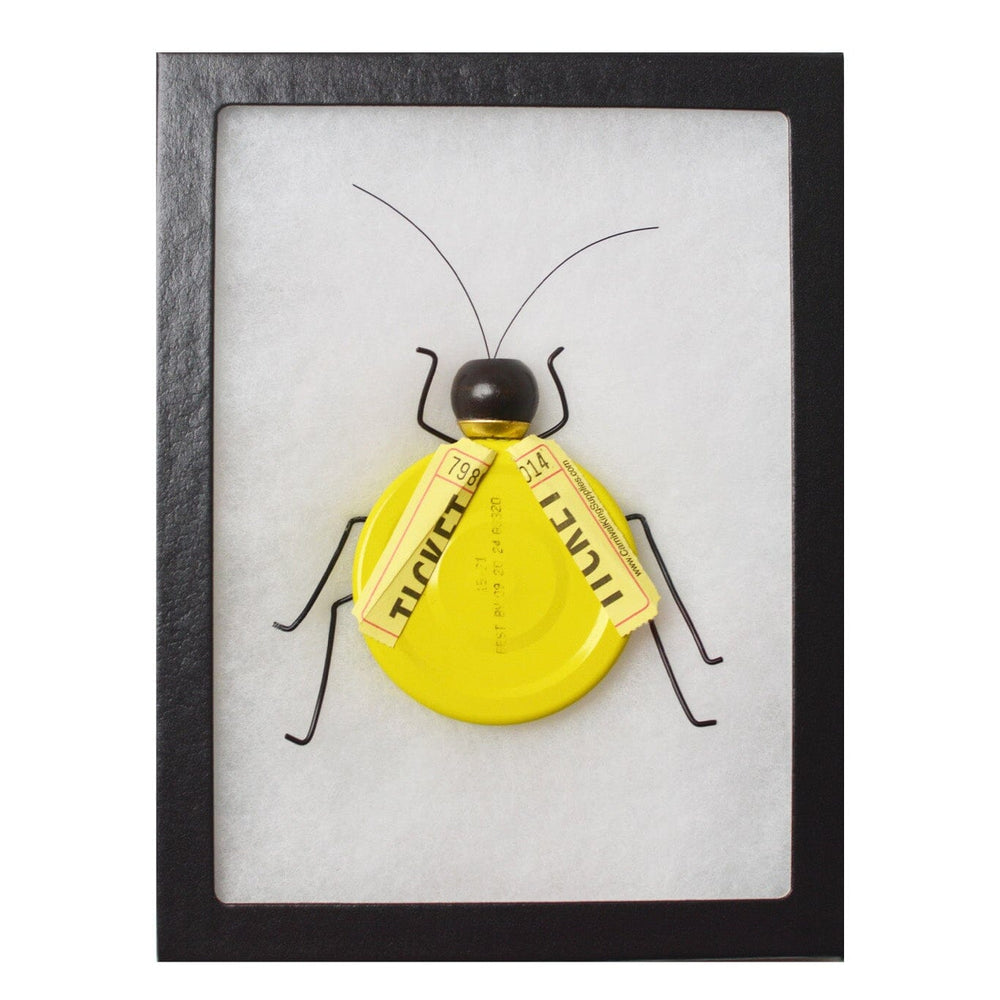 Framed artwork of a yellow insect with black antennae on a white background