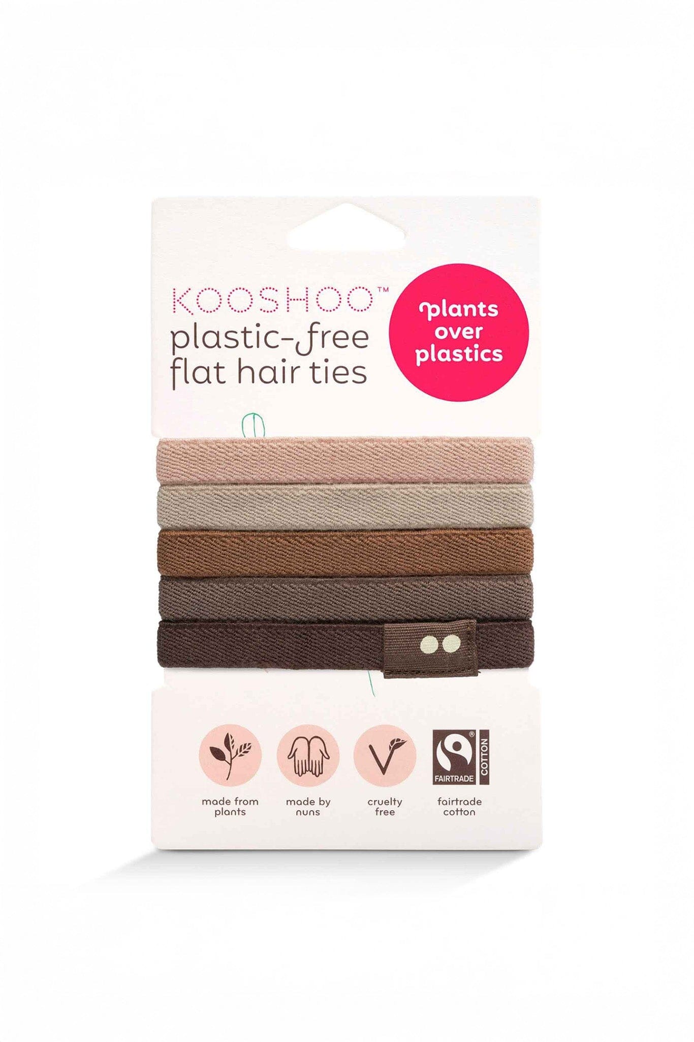 Pack of Kooshoo plastic-free flat hair ties with packaging on a white background