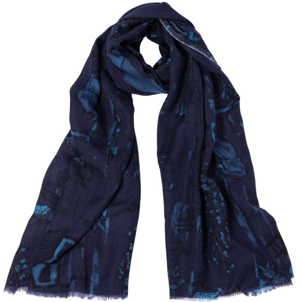 A navy blue scarf with a toile print design, displayed flat.