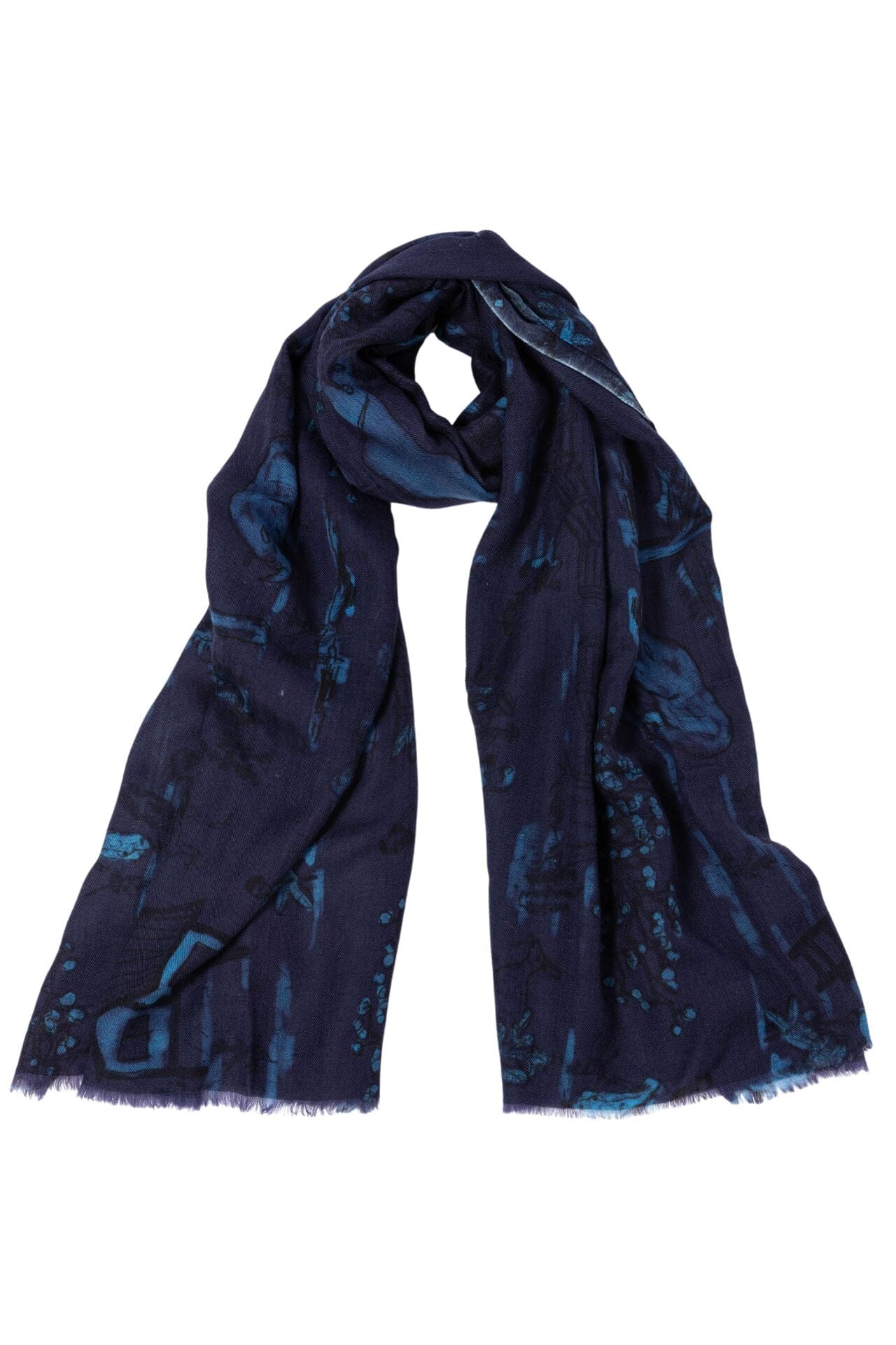 A navy blue scarf with a toile print design, displayed flat.