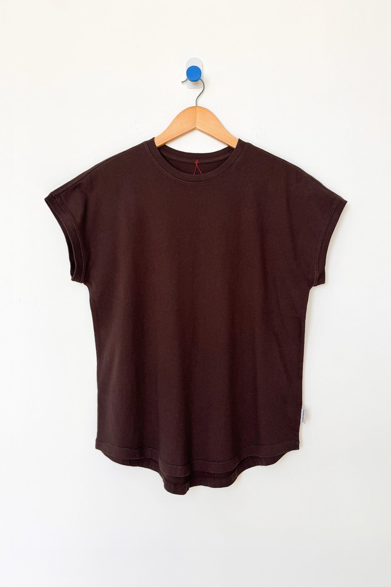 Brown t-shirt on a wooden hanger against a white background