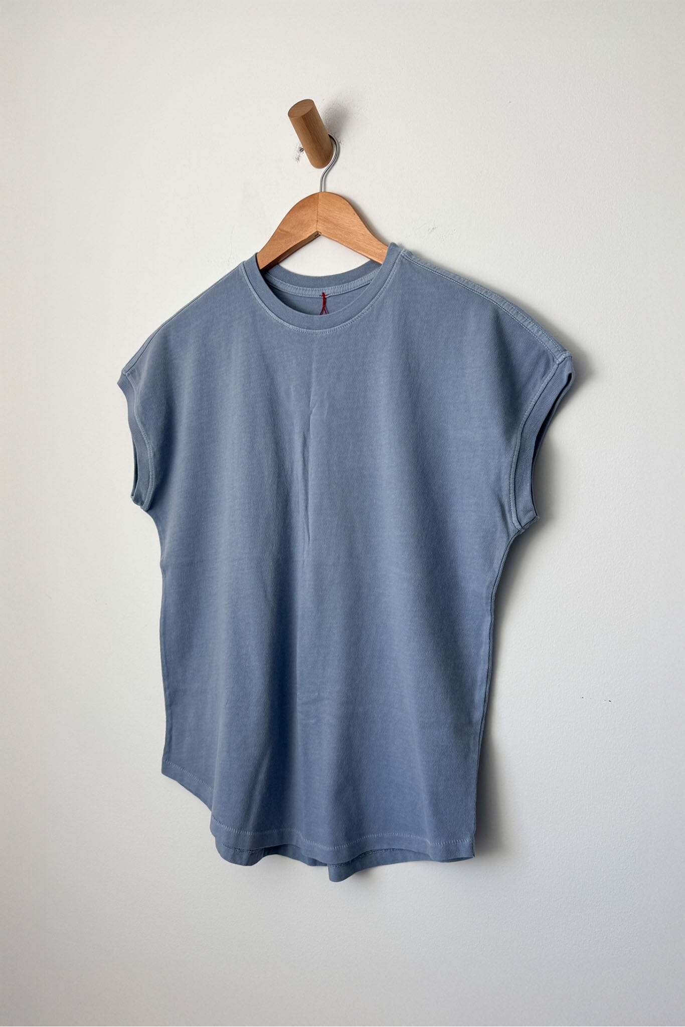 Blue sleeveless shirt on a wooden hanger against a light gray background