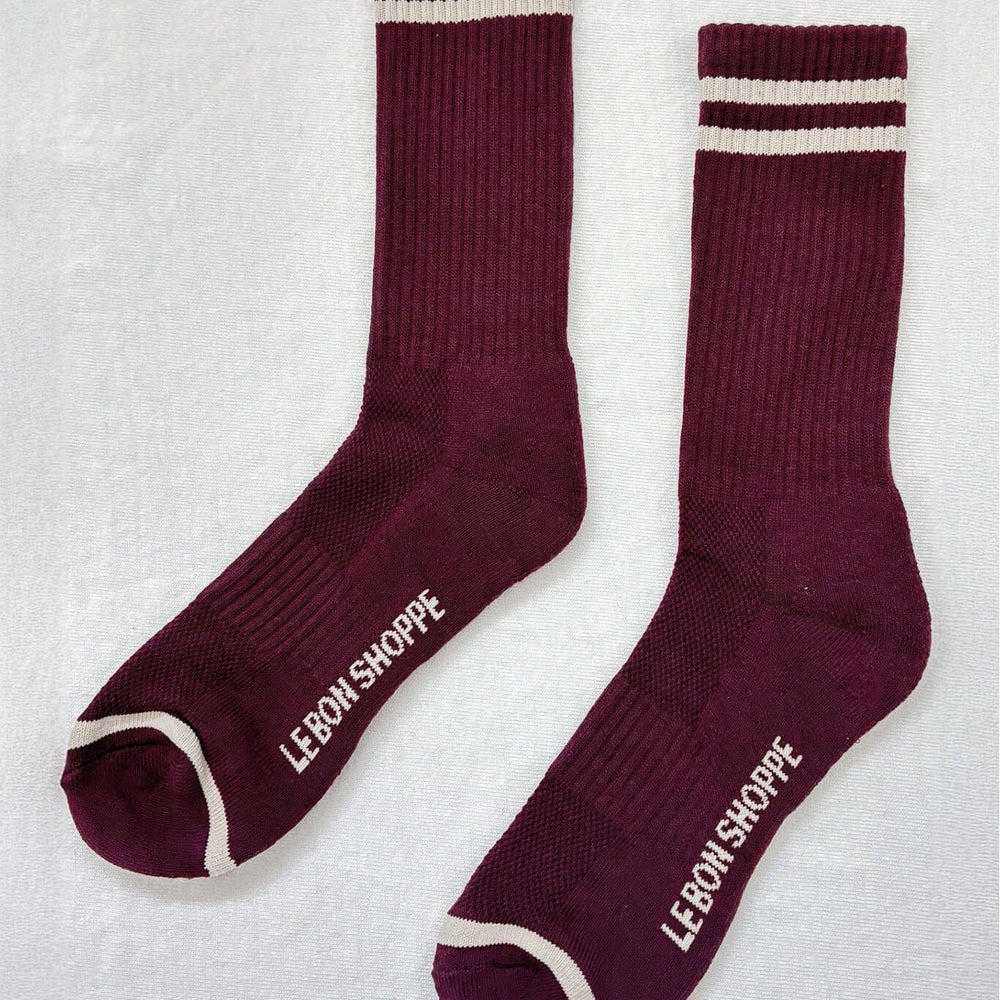 Maroon crew stocks on a white background