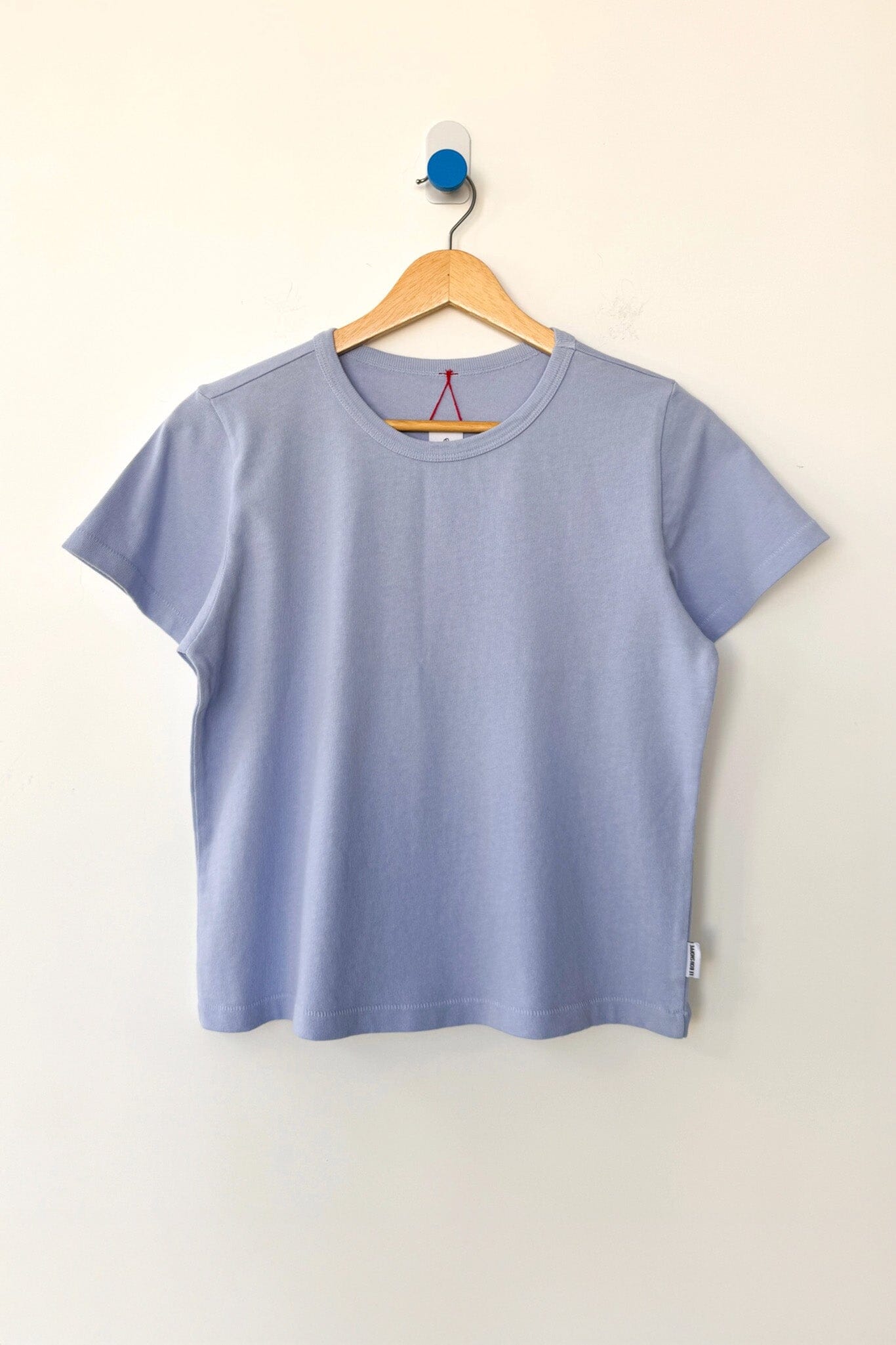 Light blue t-shirt on a wooden hanger against a white background