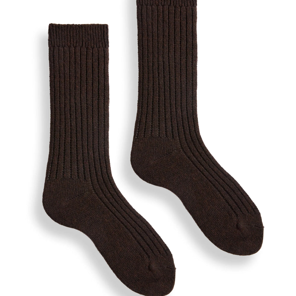 Pair of dark brown ribbed cashmere and wool socks on a white background